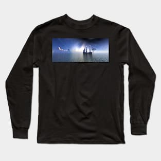 Pirate Ship In blue sky and beautiful calm sea. Long Sleeve T-Shirt